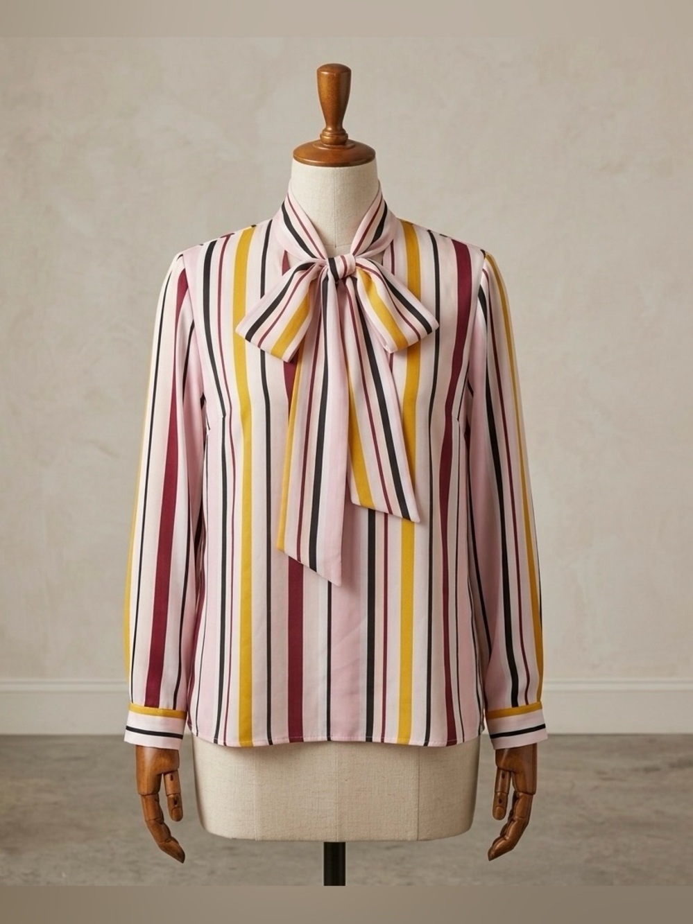 Forever 21 Pink, Mustard & Burgundy Striped Bow-Neck Blouse